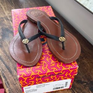 Tory Burch Black and Tan Leather Sandals